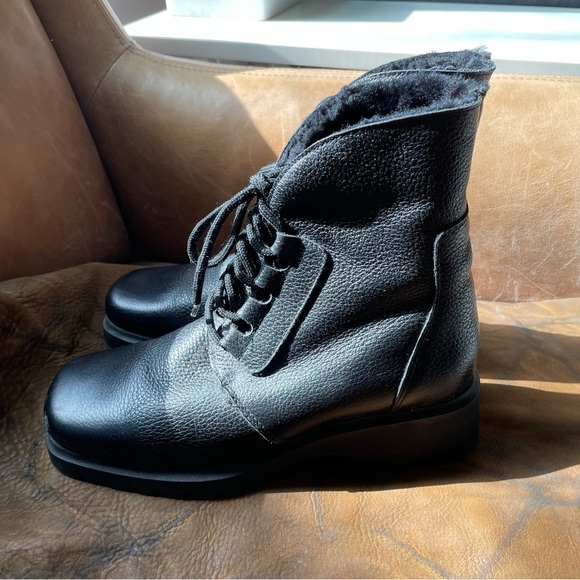 La Canadienne black leather square toe fur lined boots winter fall cozy vintage - Picture 5 of 9